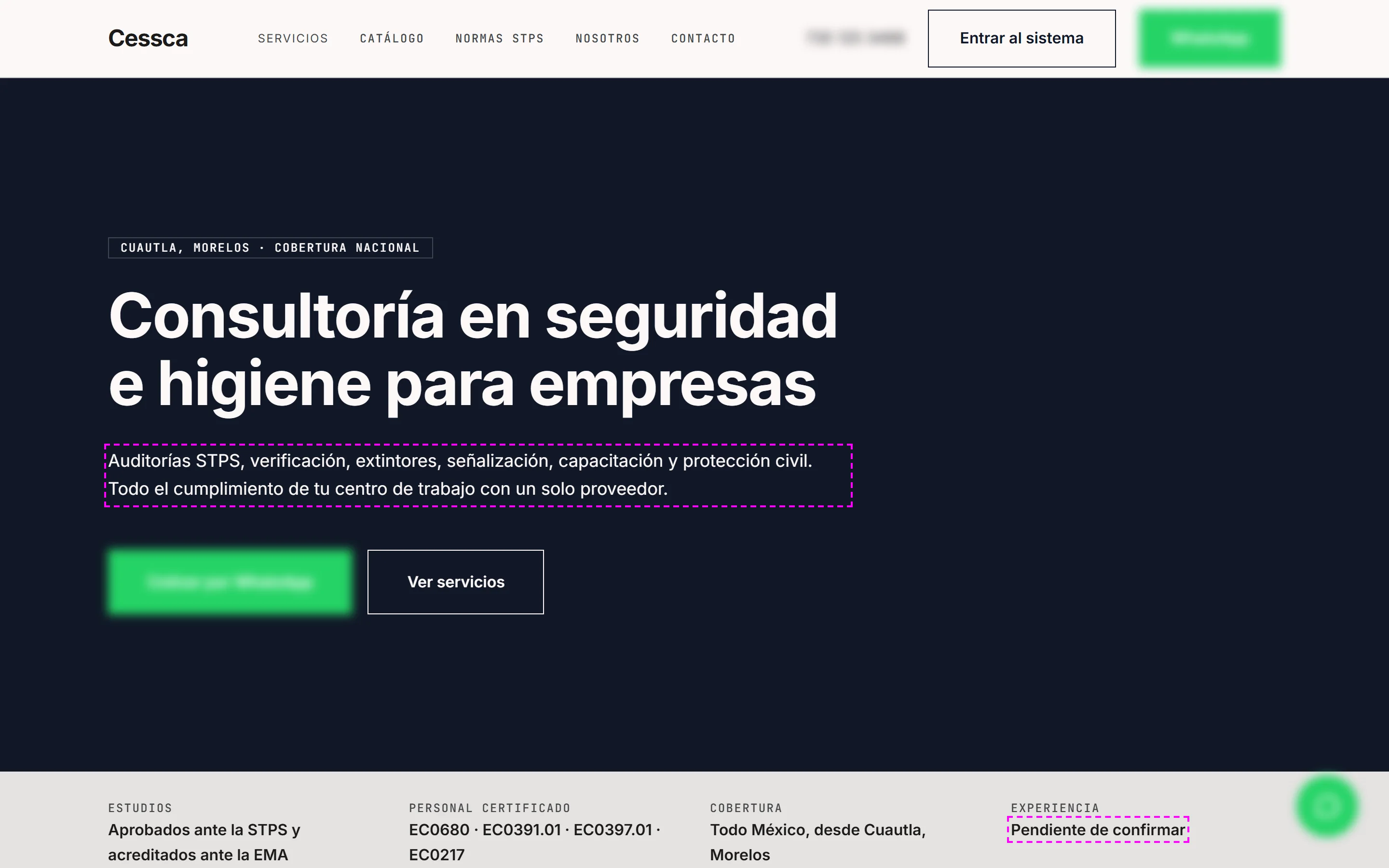 Cessca home page with copy still in draft, outlined in magenta