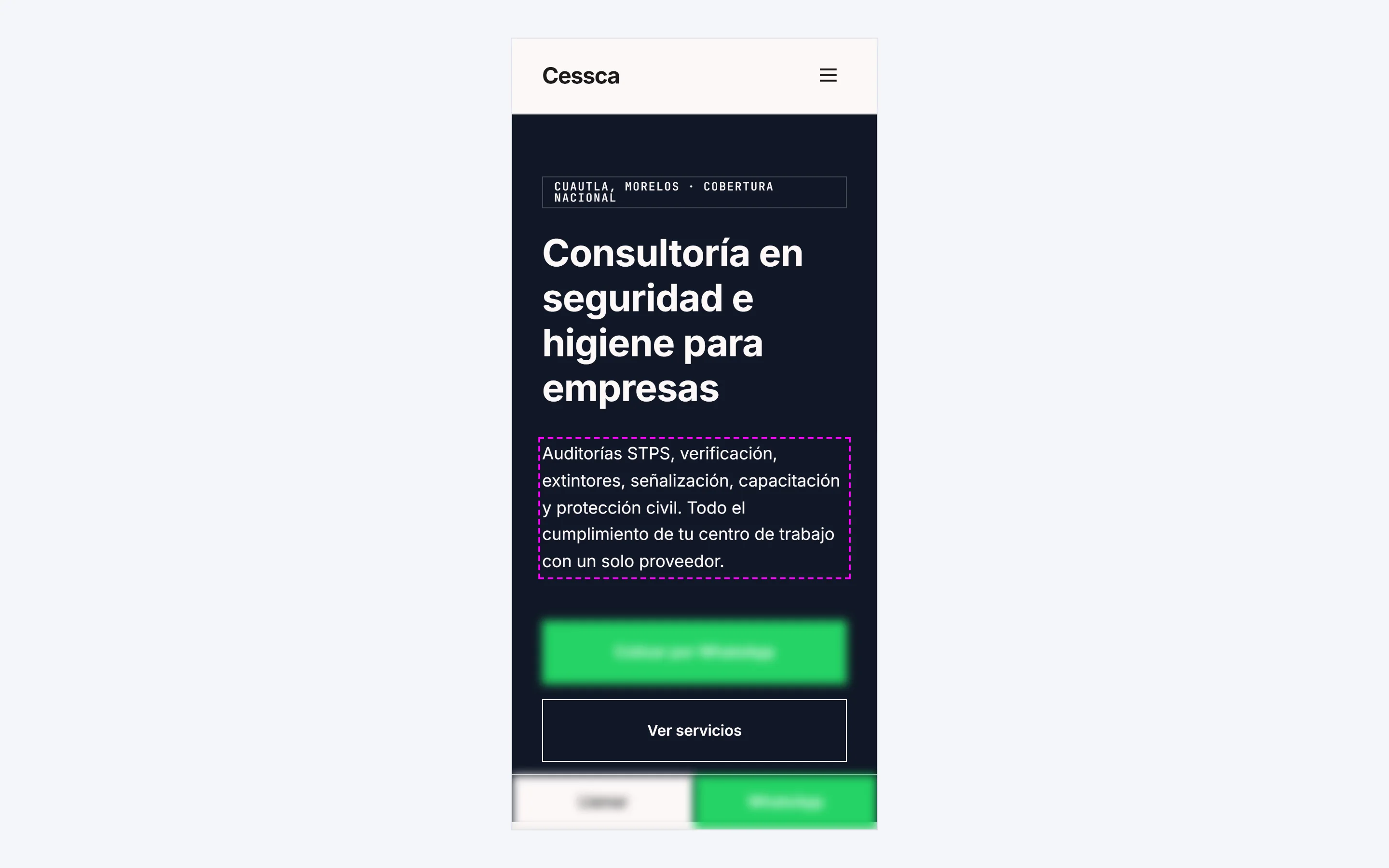 The home page on a phone, with the contact bar fixed at the bottom