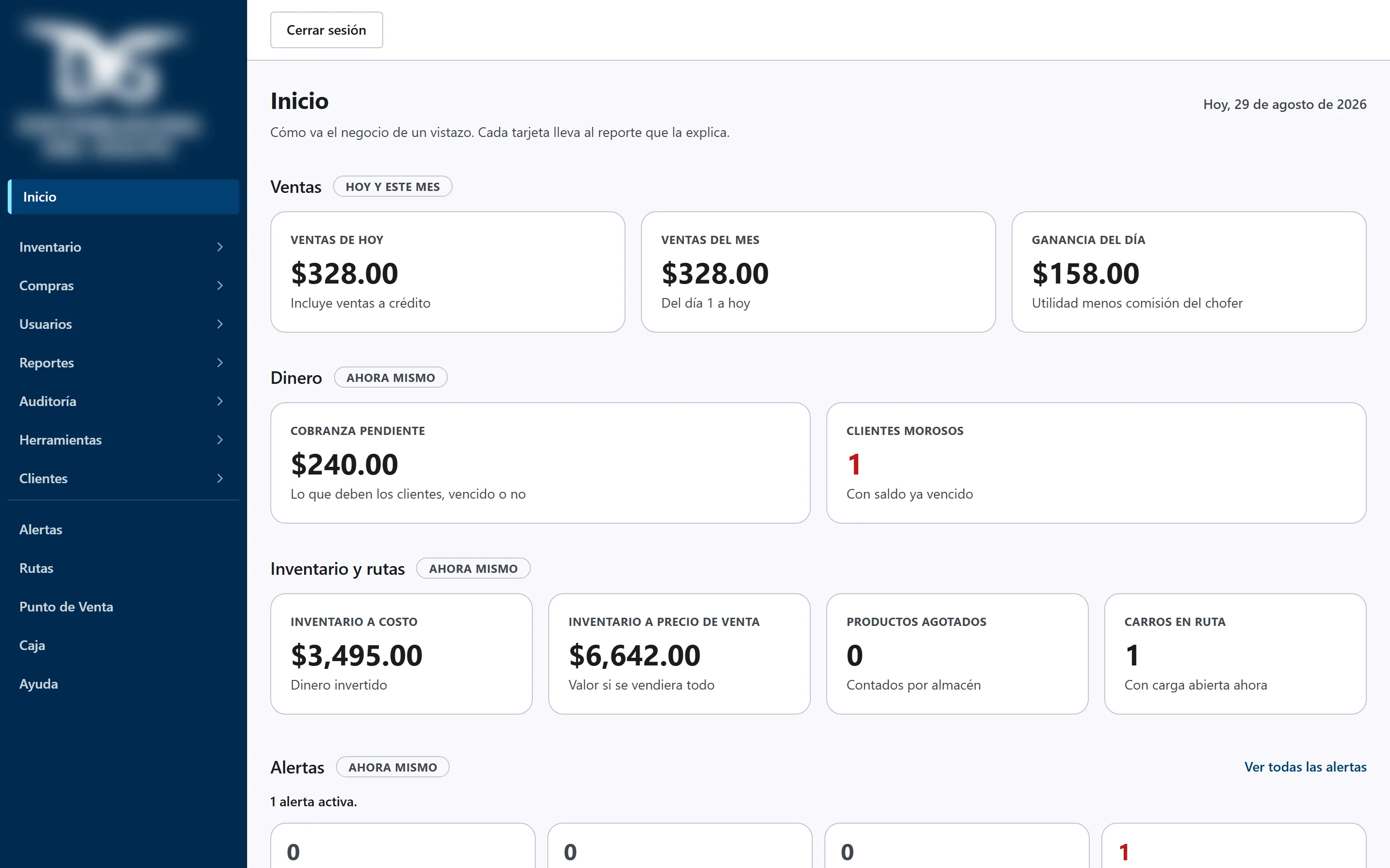 ERP dashboard showing sales for the day, receivables, valued inventory and vehicles on route