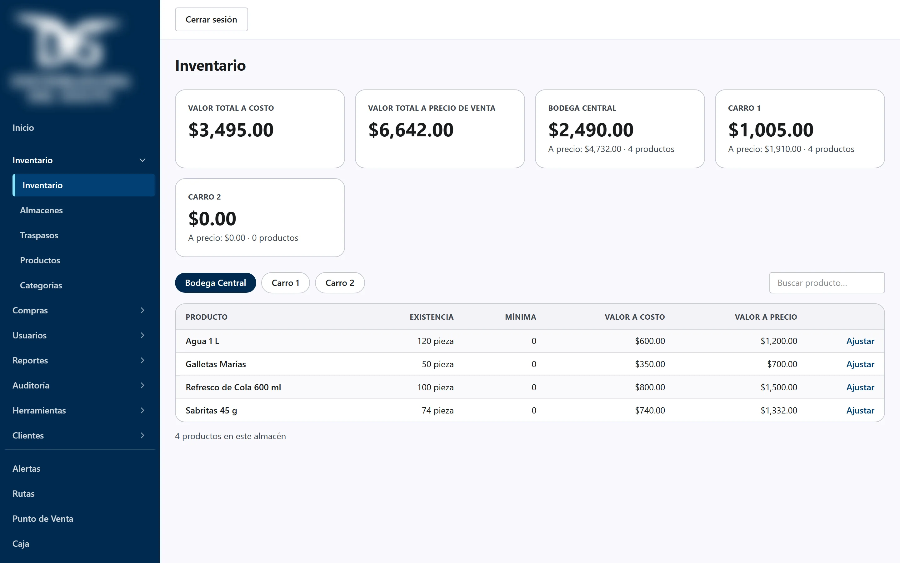 Inventory screen with one tab per warehouse and totals valued at cost and at sale price