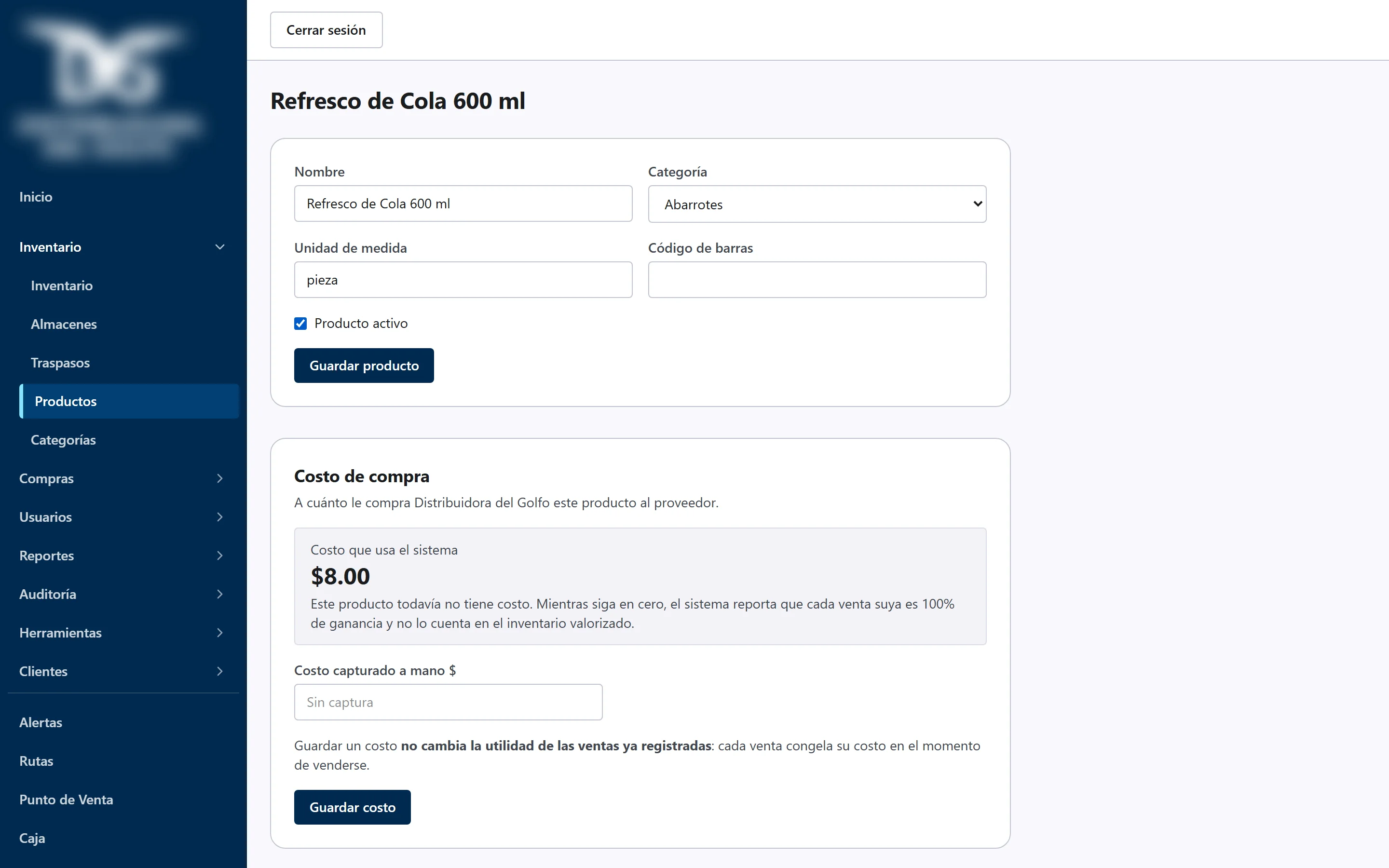 Product page with a table of prices and minimum stock per warehouse