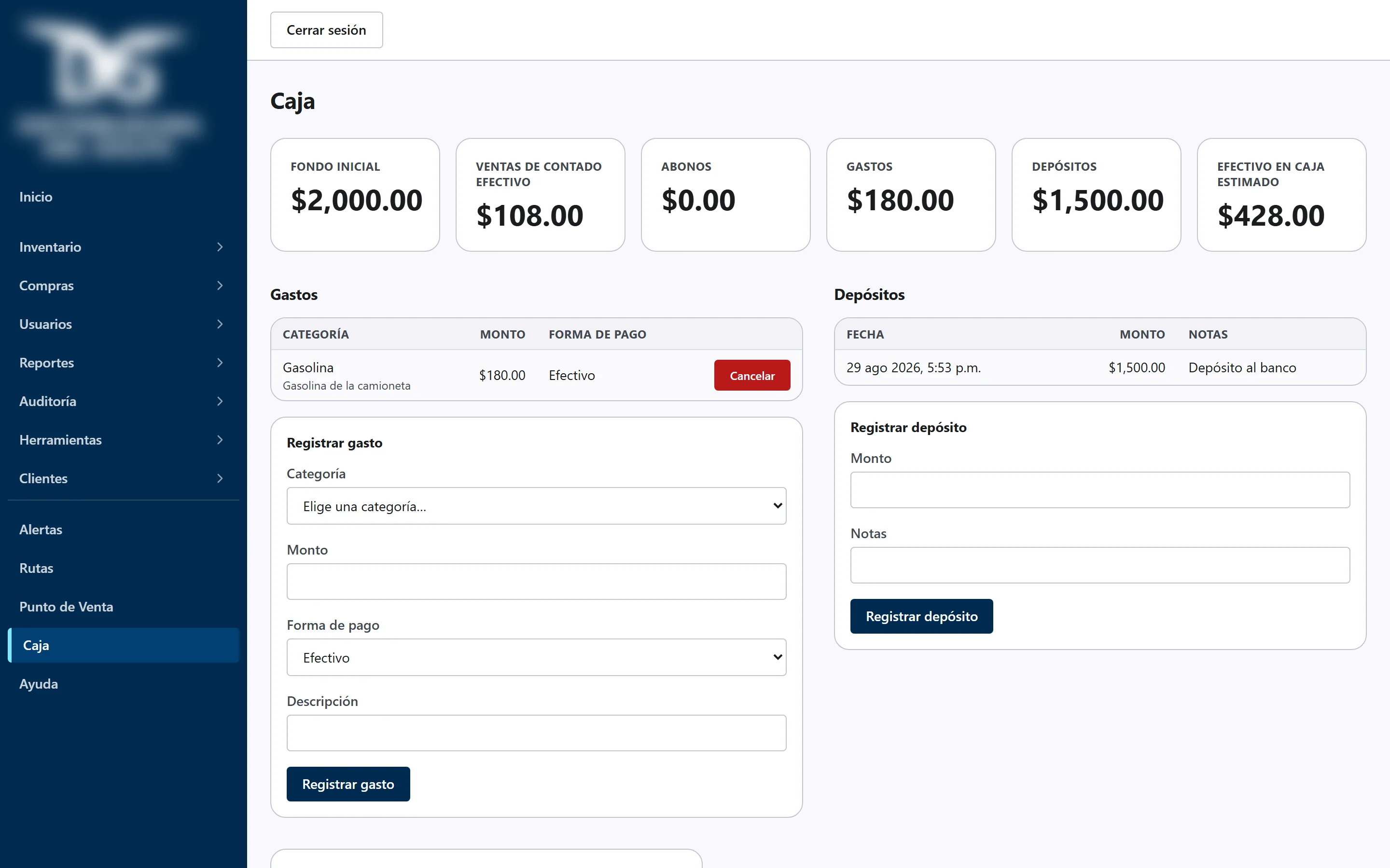 Daily cash screen with opening float, cash sales, expenses, deposits and estimated cash