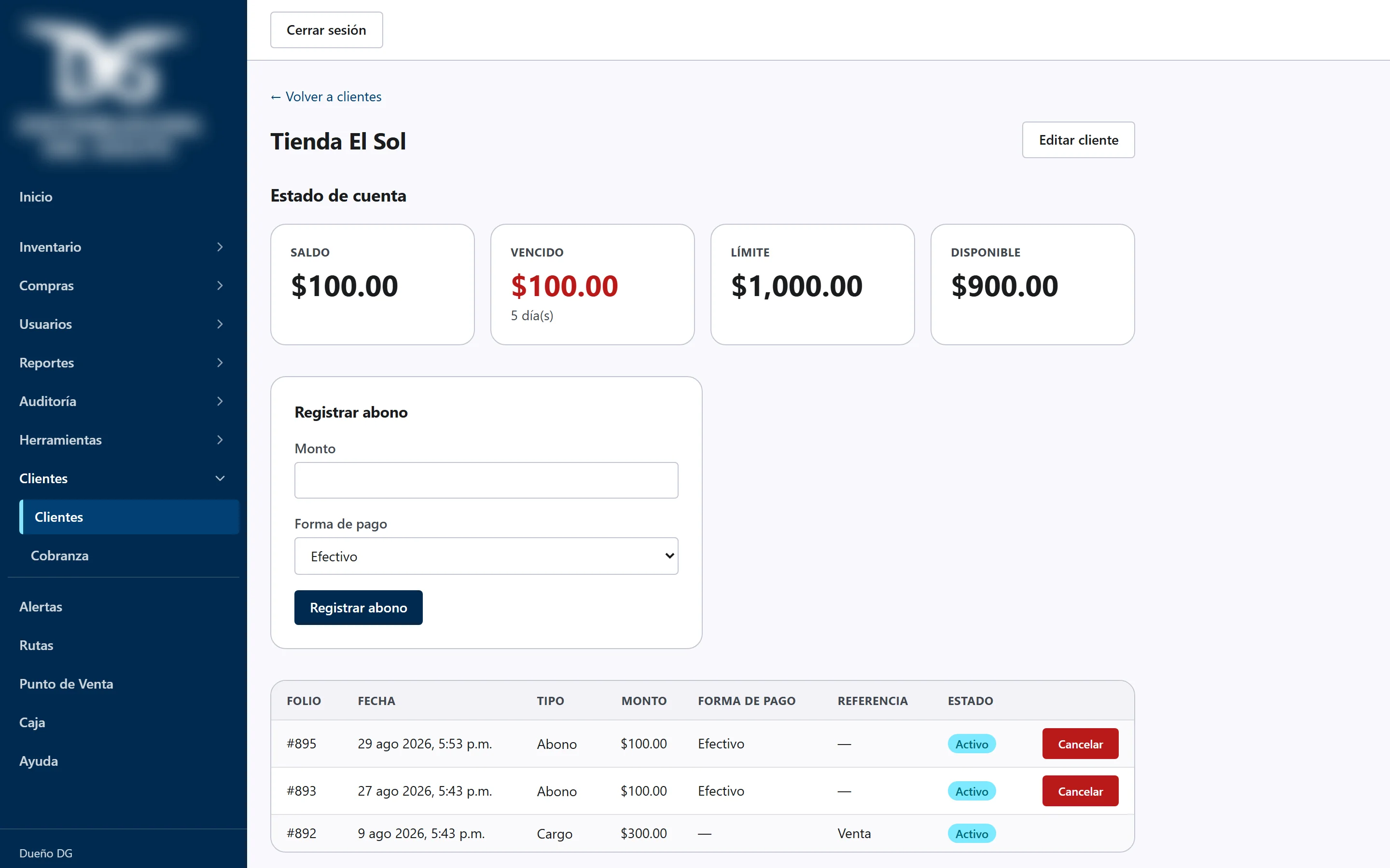 Customer account statement with charges, payments and balance aging