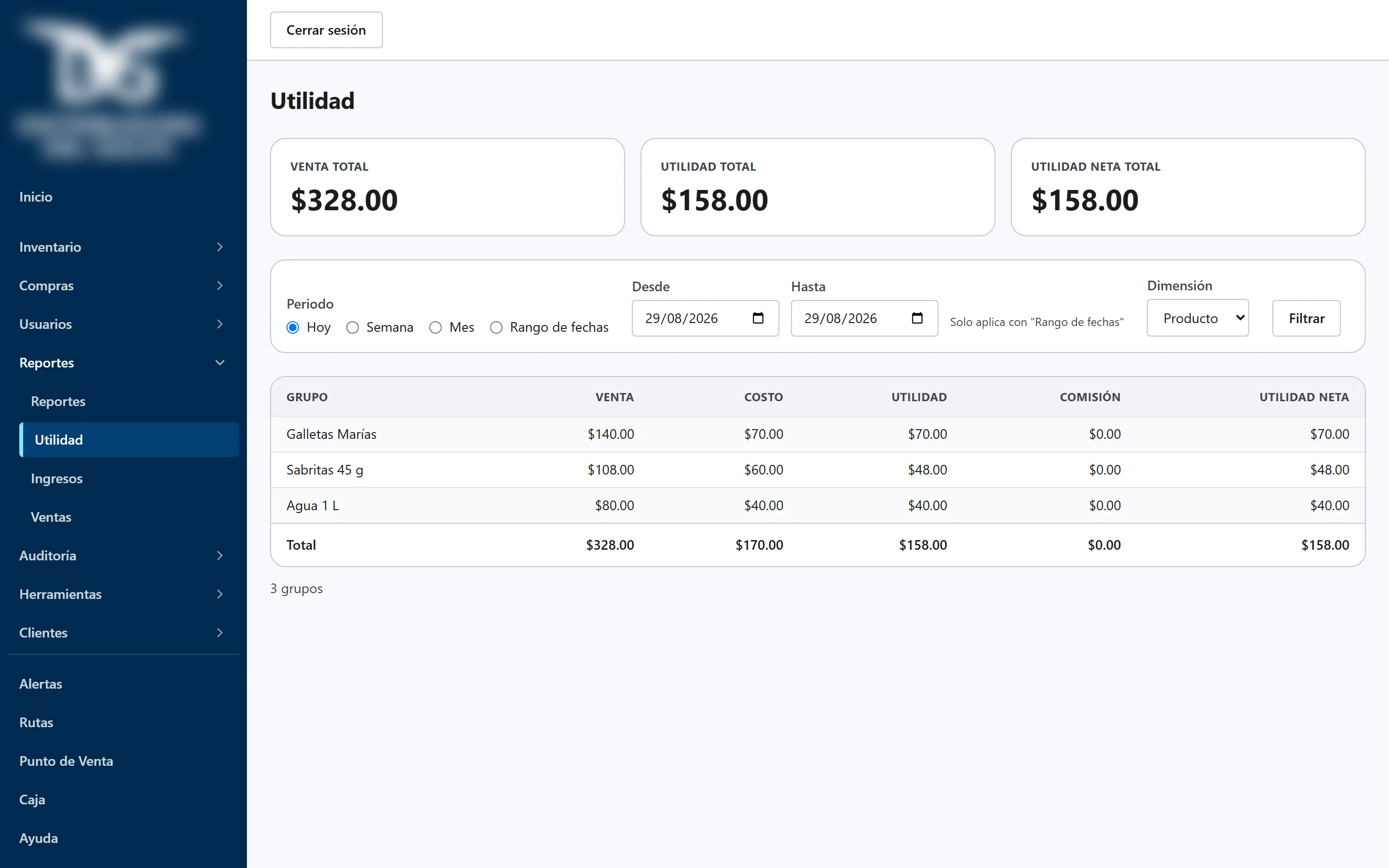 Profit report by product with sales, cost, profit, commission and net profit
