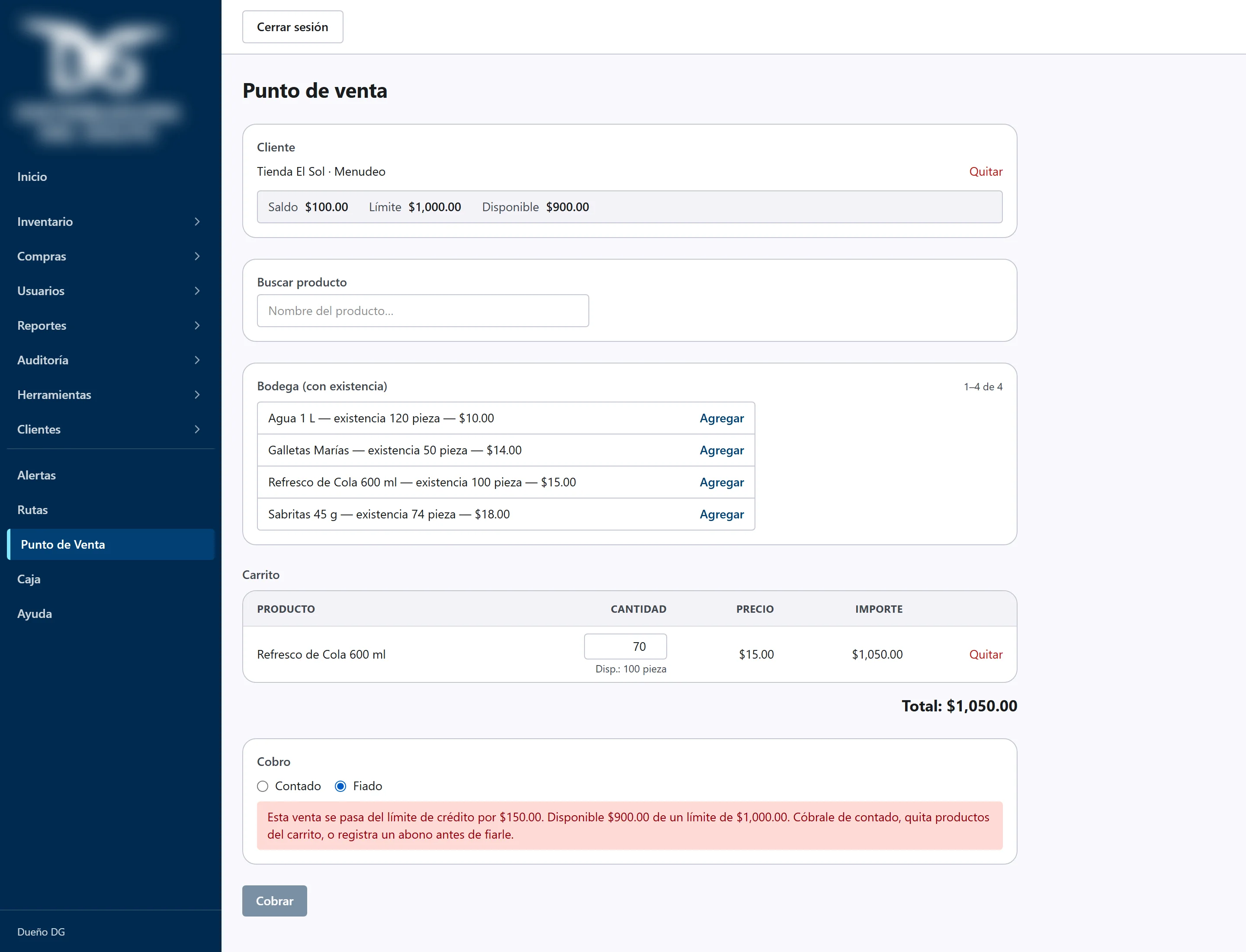 Point of sale blocking a credit sale because it exceeds the customer's limit
