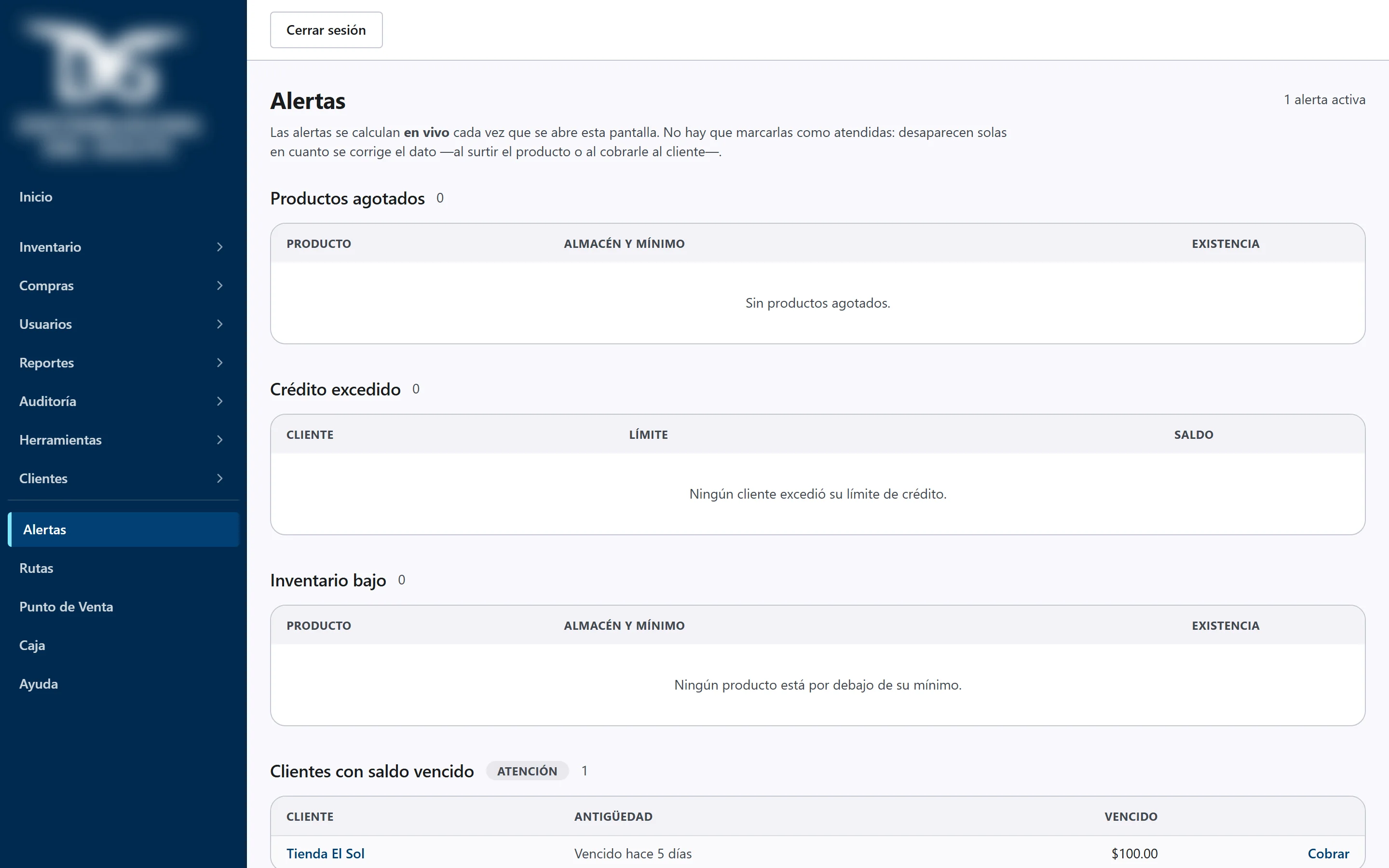 Alerts screen with low stock, out of stock, credit exceeded and overdue balances