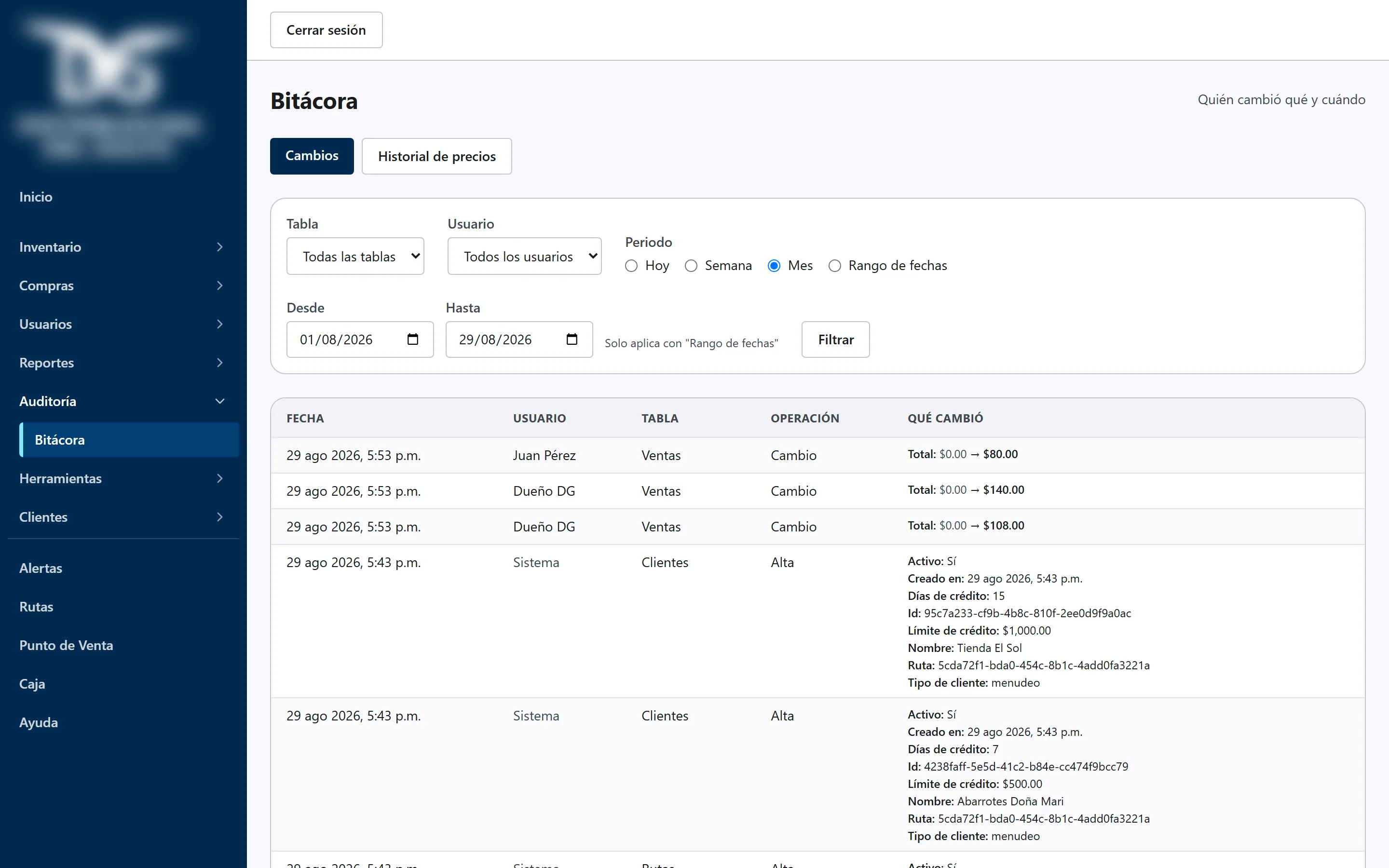 Audit log showing who changed what and when, by table and by user