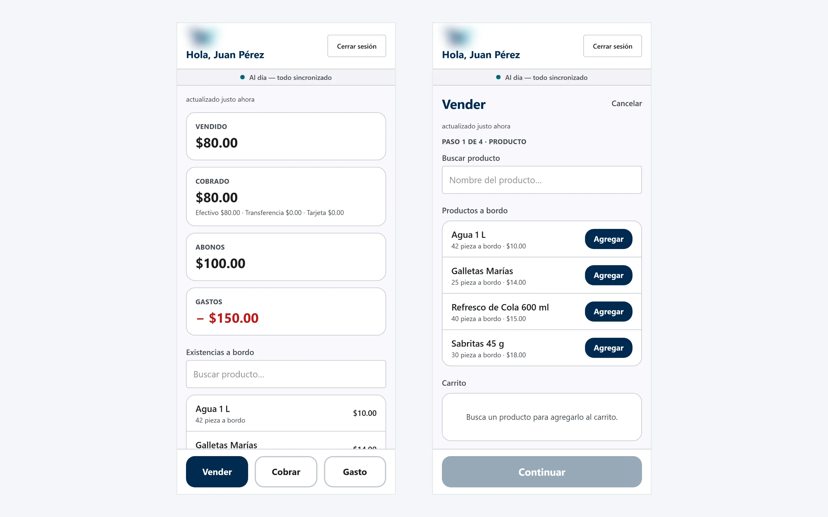 Two screens from the driver app: the load summary and the first step of a sale