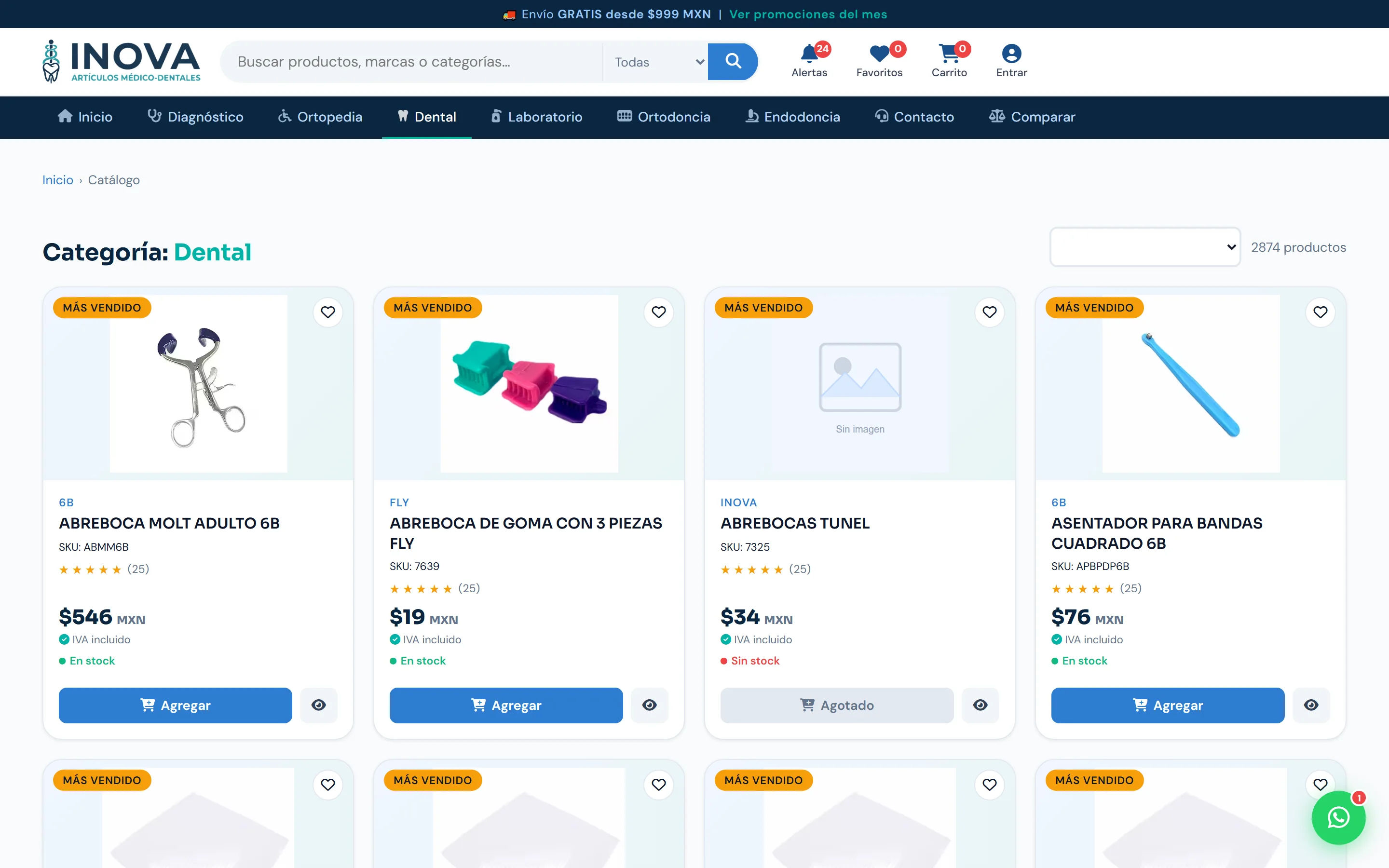 Dental category with 2,874 products, each card showing brand, SKU, price and stock status