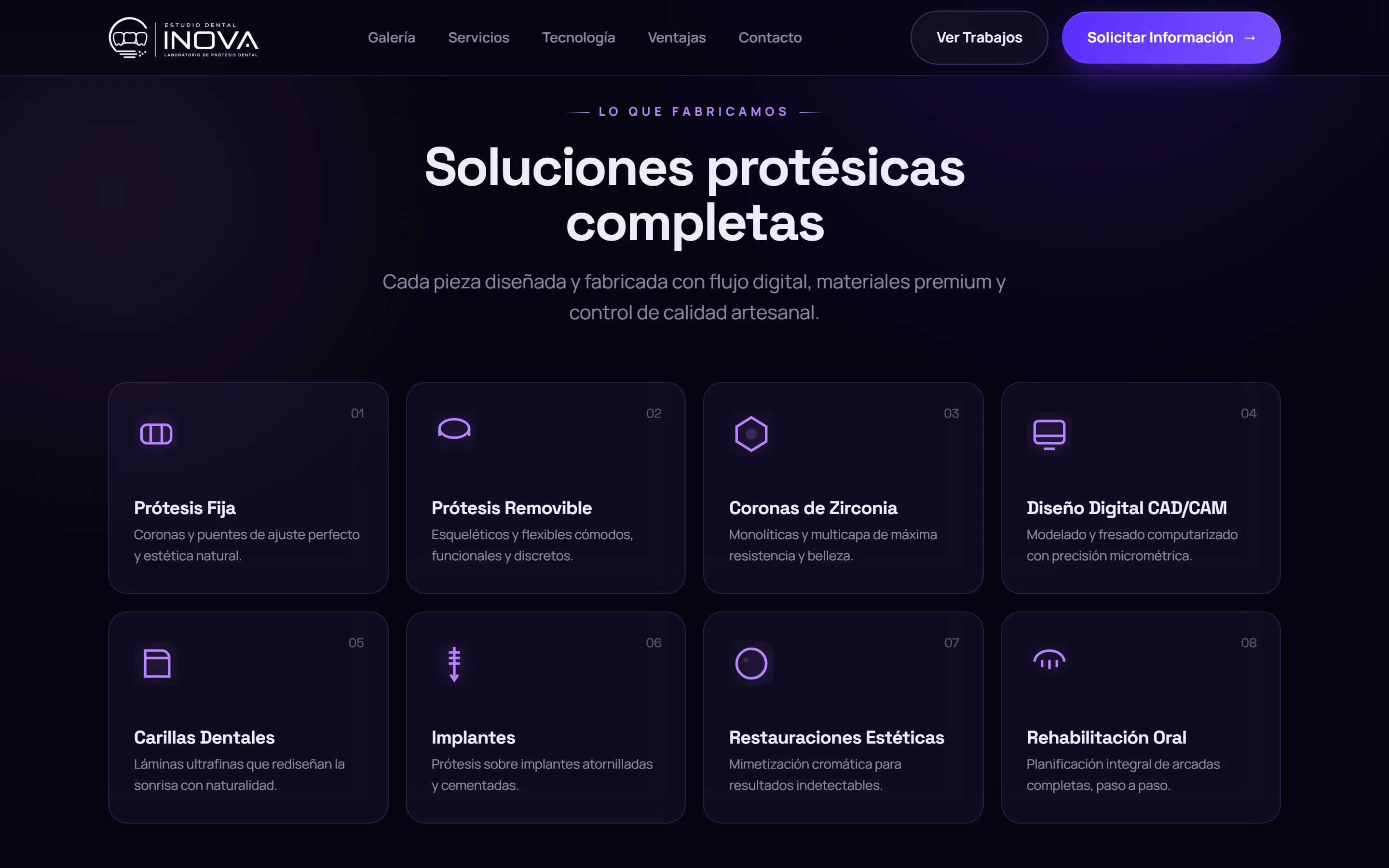 Sección de servicios del laboratorio, con una tarjeta por tipo de trabajo