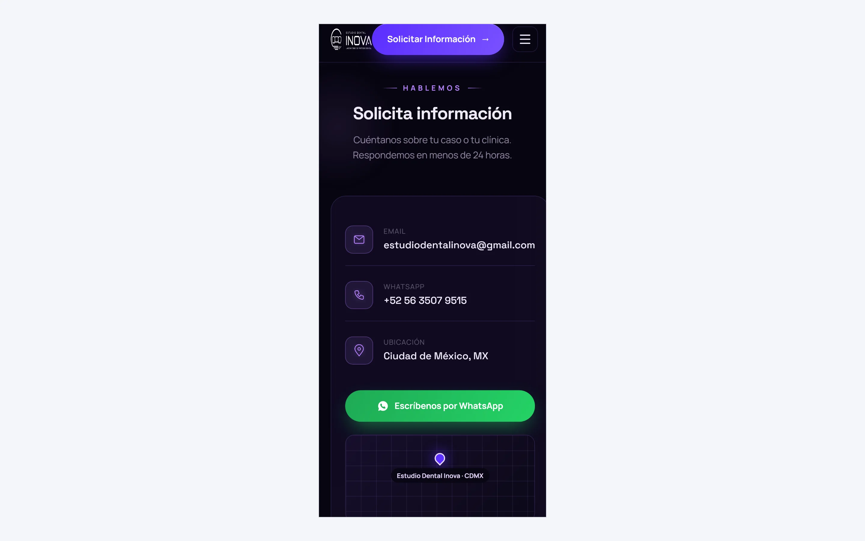 El formulario de contacto y el botón de WhatsApp vistos en un teléfono